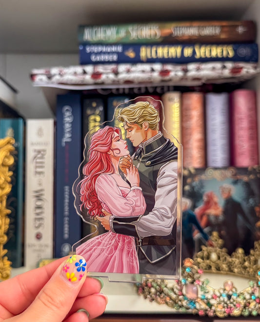 Illustration of a couple embracing held in front of a bookshelf with books.