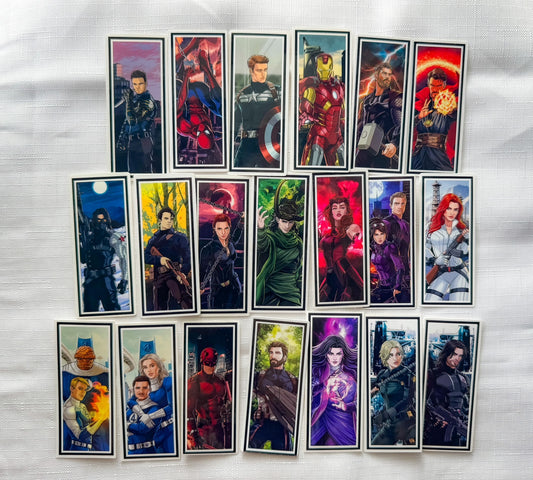 A collection of rectangular stickers showing superheroes in various looks 